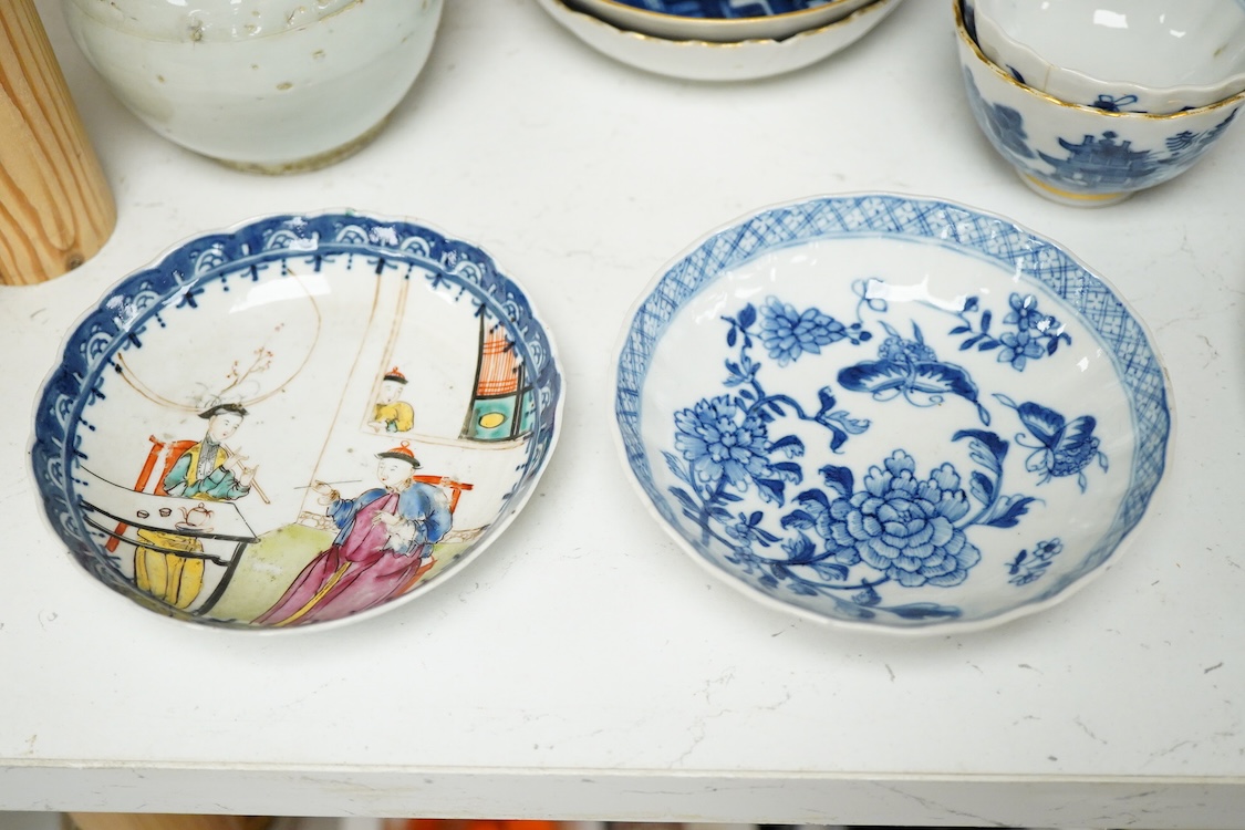 A Chinese Kangxi doucai plate, a group of 18th century Chinese porcelain tea wares and a porcelain bottle probably Korean 19th century, teapot - 15cm high
